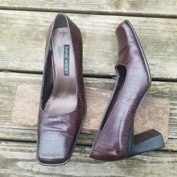 Vintage 90s y2k Brown Leather Croc Embossed Square Toe Chunky Heel Pumps 7 - Picture 1 of 14